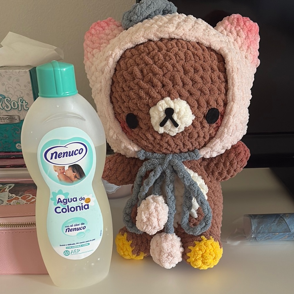 Cute Brown Bear Plush with Pink and Gray Details